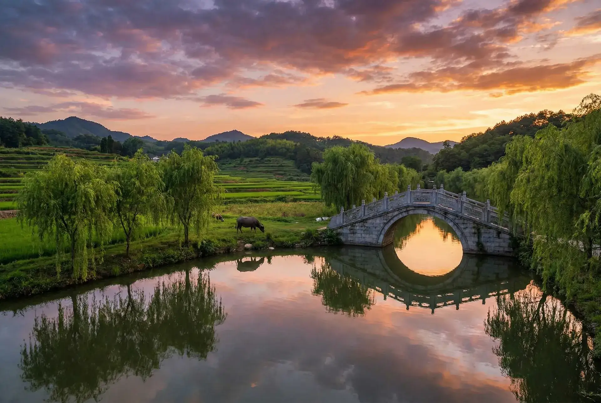 夕阳下的石拱桥与垂柳，水牛在河边吃草 - 日本成人 乡村美景